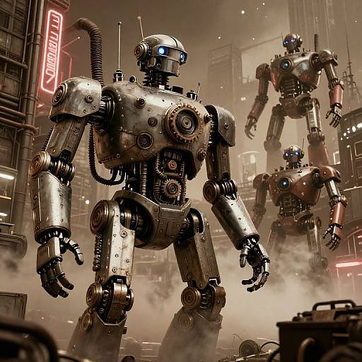 Photorealistic digital artwork of three metallic, blue-eyed robot warriors in a smoky, neon-lit cyberpunk city street at night.
