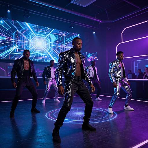 Photograph of four Black men in shiny black and silver outfits dancing on a neon-lit stage with a futuristic blue light grid background.