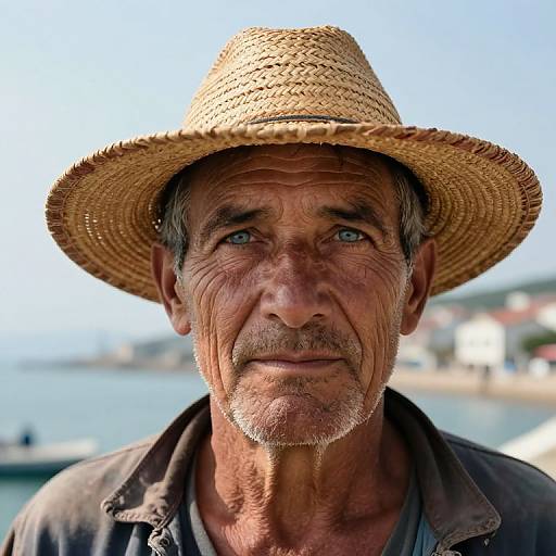 Photograph of an elderly man with weathered skin, gray mustache, and blue eyes, wearing a straw hat and dark shirt, with a blurred