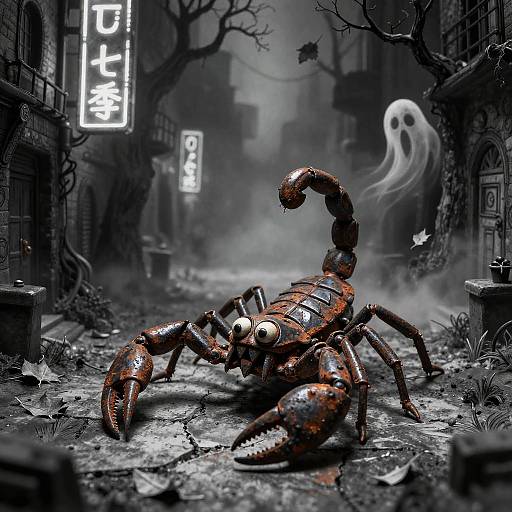 Digital artwork: Rusty, detailed scorpion in a dark, eerie alley with Japanese neon signs, ghostly figure, and barren trees. Moody,