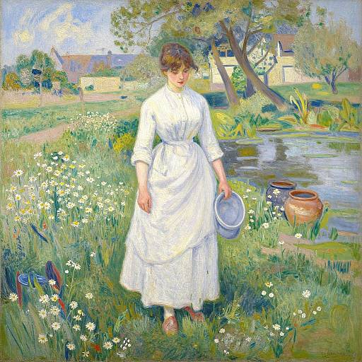 Impressionist painting of a young woman in a white dress holding a hat, standing by a pond with daisies, and clay pots. Background