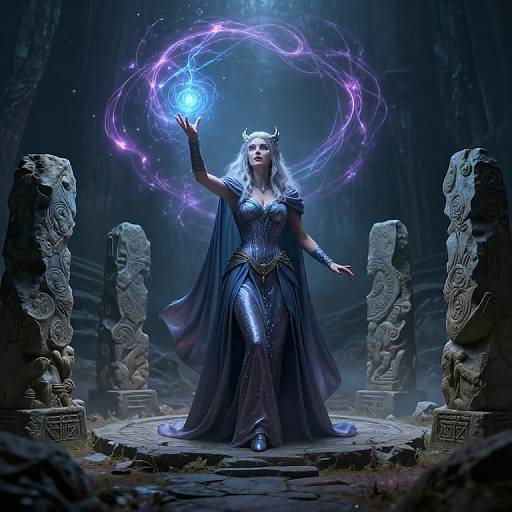 Digital artwork of a dark-elf queen with horned crown, holding glowing blue and purple magic rings, standing in a mystical, stone-pillar-lined