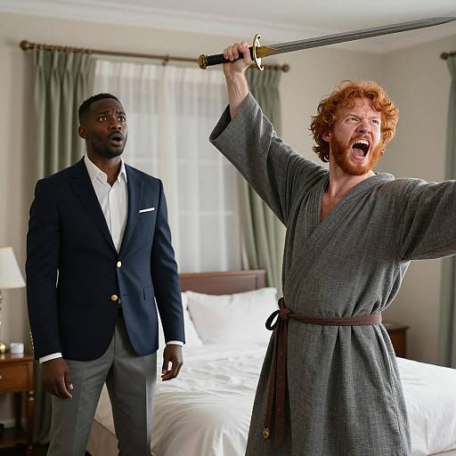 Man in robe with sword shouting in bedroom