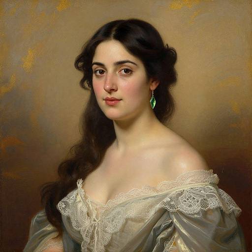 Digital painting of a young woman with long, dark hair, pale skin, and green earrings, wearing an off-shoulder lace gown, set against