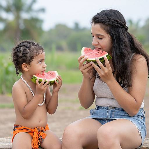 Photograph of a dark-haired woman in a white top and denim skirt, and a young girl in an orange skirt and beaded necklace, both eating