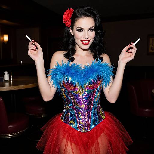 Photograph of a smiling woman with dark hair, red flower, wearing a vibrant sequin corset, blue feather trim, red tulle skirt,