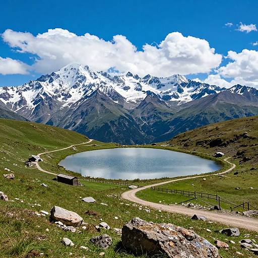Photograph of a serene mountain landscape with a snow-capped peak, clear blue lake, winding path, grassy hills, rocky foreground, and vibrant