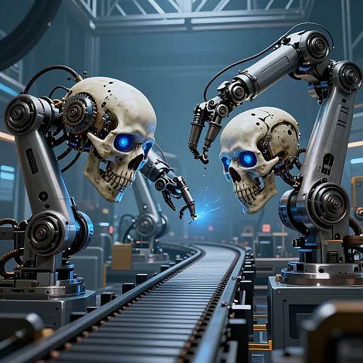 Photorealistic CGI of two glowing blue-eyed robotic skulls with metallic arms and joints, positioned on conveyor tracks in a futuristic factory.