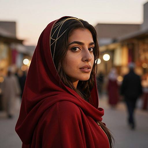 Photograph of a beautiful Middle Eastern woman with long dark hair, wearing a red hood with gold braids, looking over her shoulder in a bustling evening
