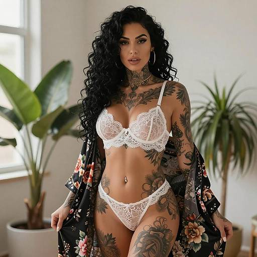 Tattooed Woman in Lingerie and Robe