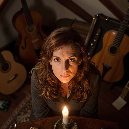 Photograph of a woman with wavy brown hair, wearing a dark sweater, looking up at a lit candle, surrounded by acoustic guitars in a dim