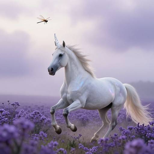 Digital artwork of a white unicorn galloping through a vibrant purple field, with a dragonfly hovering above its head.