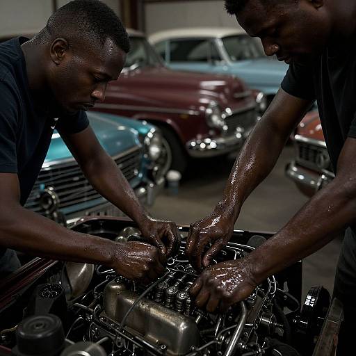 Photograph of two Black men, sweating, working on a car engine in a dim garage with vintage cars in the background.