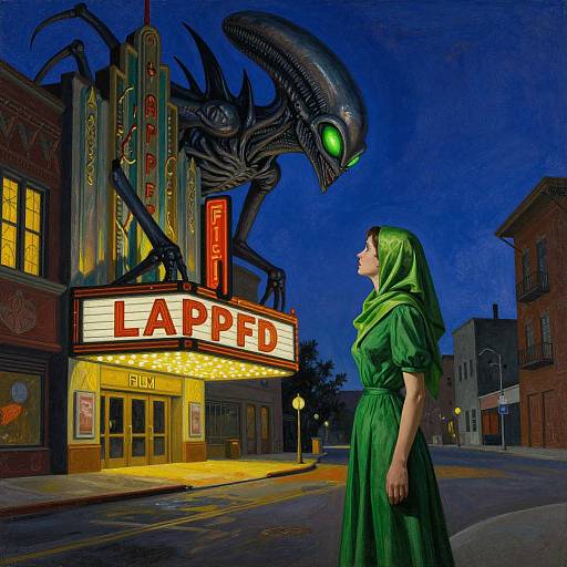 Digital art: Green-robed woman in profile stares up at a glowing-eyed, black alien over a neon-lit 