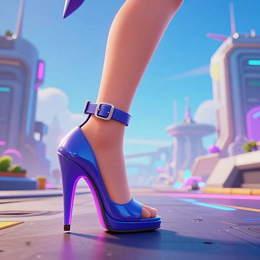 CGI image of a female foot in a shiny blue high-heeled sandal with a buckle, standing on a futuristic, neon-lit street.