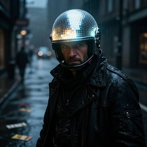 Photograph of a serious man in a wet, dark alley wearing a reflective silver helmet and black leather jacket, rain falling, city lights blurred in the