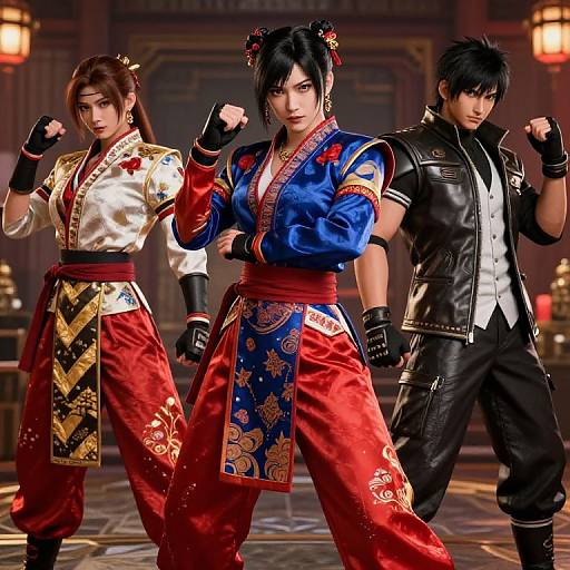 Digital artwork of three fighters in traditional Chinese attire: red and blue qipao with gold patterns, black leather jacket, and fingerless gloves, standing