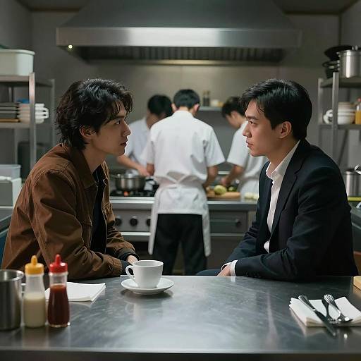 Intimate Conversation in a Dim Kitchen