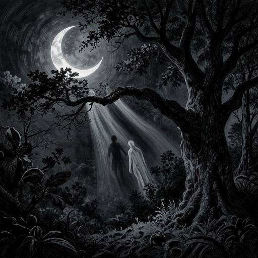 Digital drawing of a moonlit forest with a glowing crescent moon, silhouetted tree, and ethereal figures bathed in light beams.