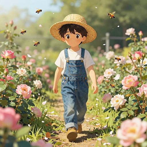 Young Gardener in Blooming Rose Garden