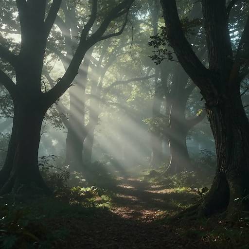 Photograph of a misty forest with sunlight streaming through tall, dark trees, casting beams of light onto a sunlit, shadowy path.