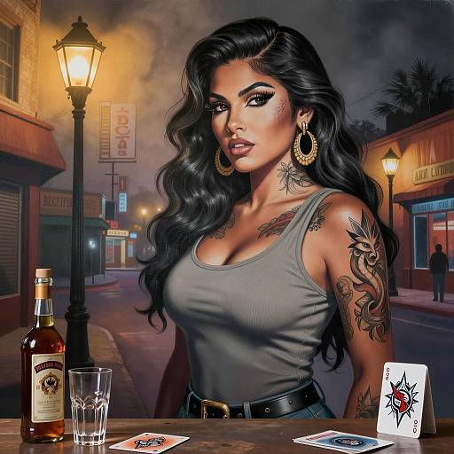 Tattooed Woman in Chicano Art Style