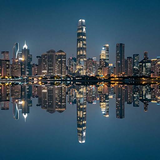 Photograph of a city skyline at night, showcasing brightly lit skyscrapers reflecting in a calm, dark blue waterfront.