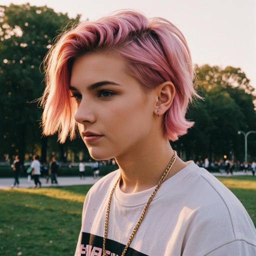 Teenage Boy with Pastel Pink Hair in Urban Park