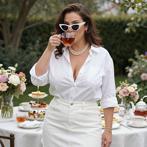 Photograph of a curvy, dark-haired woman in white blouse and high-waisted skirt, pearl necklace, white cat-eye sunglasses, sipping