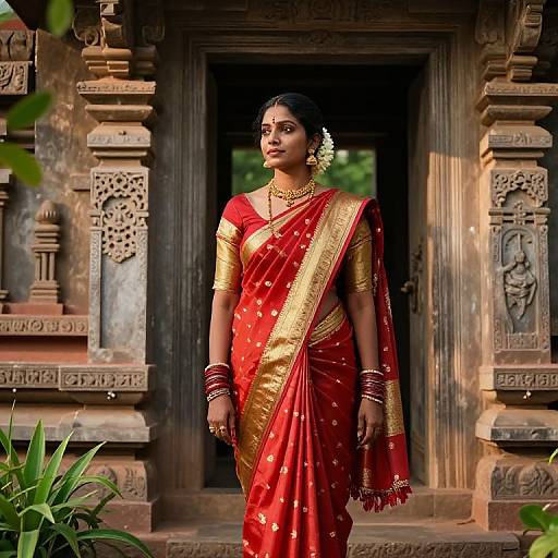 Photograph of an Indian woman in a red and gold saree, standing in front of an ornate, carved stone doorway, adorned with gold jewelry