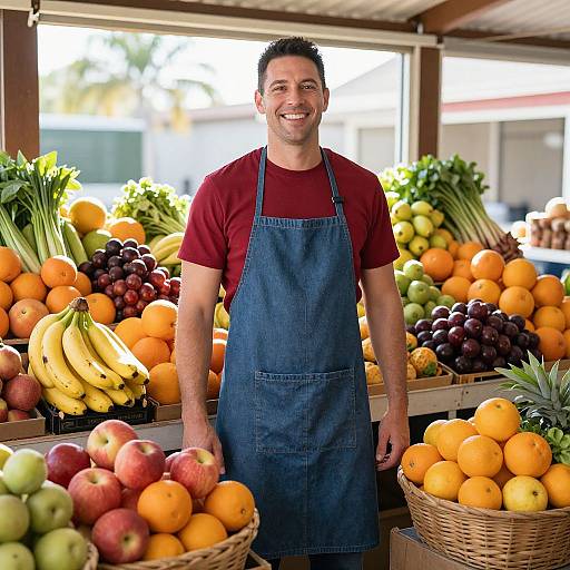 Photograph of a smiling, muscular man with short dark hair, wearing a red shirt and blue denim apron, standing in a vibrant, sunlit