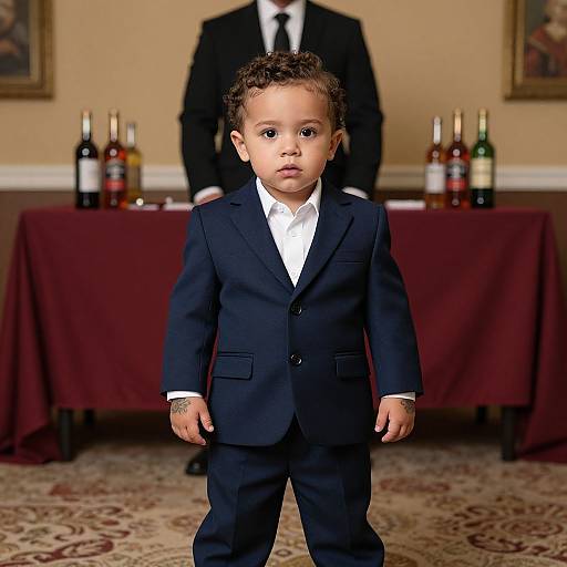 Photograph of a young Black boy in a dark blue suit and white shirt, standing in front of a table with wine bottles, with a man in