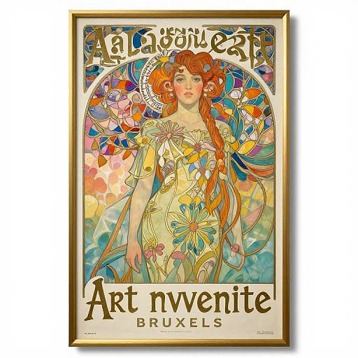 Art Nouveau poster featuring a red-haired woman with flowing hair and floral dress, surrounded by vibrant, colorful patterns. Text reads 