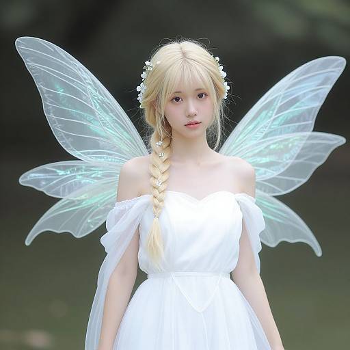 Digital artwork of a blonde fairy with glowing wings, wearing a white off-shoulder dress, standing in a forest. Her hair is braided,