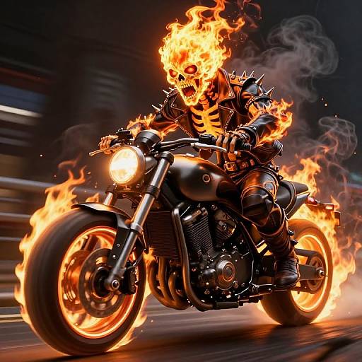 Digital art: Fire-engulfed, armored biker riding a blazing motorcycle, with glowing headlights, orange flames, and dynamic motion blur background.