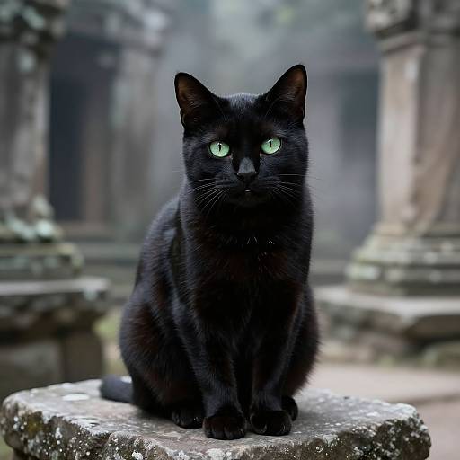 Photograph of a sleek, black cat with vivid green eyes sitting on a mossy stone in a misty, ancient temple ruin.