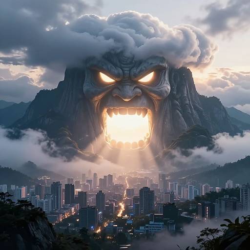 Digital art of a colossal, angry monster with glowing eyes and open mouth, engulfing a city skyline with clouds and mountains.