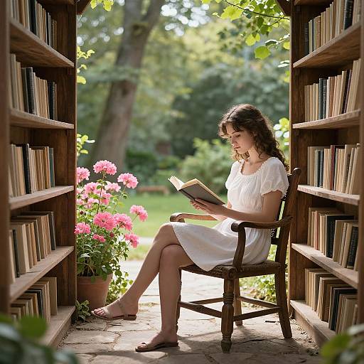 Photograph of a woman with curly brown hair, wearing a white dress, reading a book in a wooden chair between two open bookshelves, surrounded