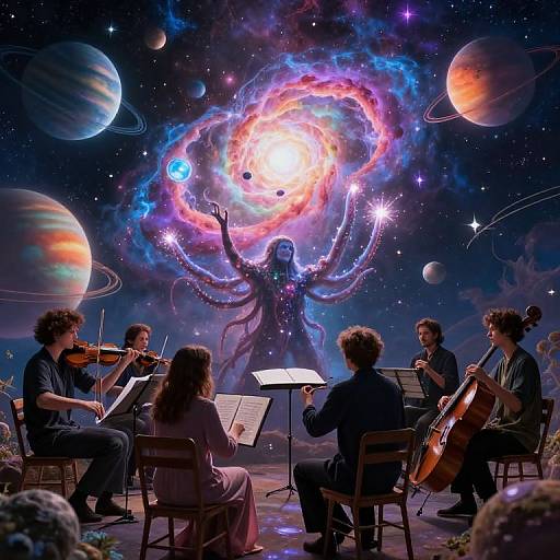 Photograph of a cosmic-themed orchestra performance; musicians play violins and cellos on stage, with a glowing, multi-armed, celestial figure and