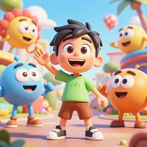 CGI image of a happy, cartoon boy with black hair, green shirt, brown shorts, waving in a colorful, sunny outdoor setting with smiling,
