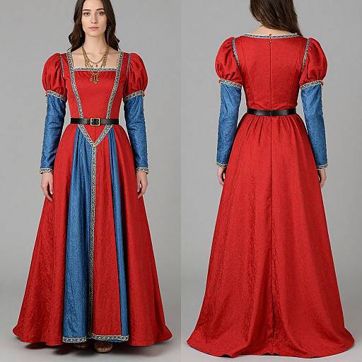 Photograph of a woman in a medieval-style, red and blue gown with puffed sleeves, black belt, and gold necklace, shown from front and