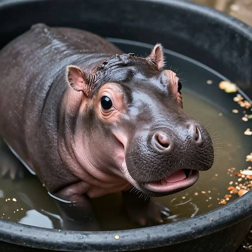 Photograph of a curious hippopotamus with dark, shiny skin and a large, rounded nose, partially submerged in a black water bowl with floating food
