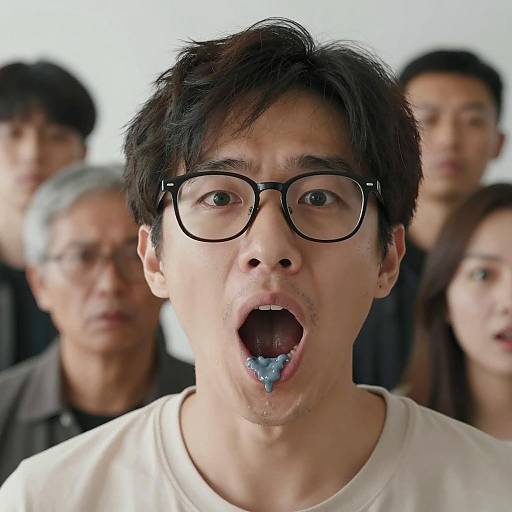 Man with Blue-Gray Goo in Mouth and Group Behind