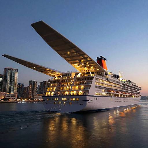 Flying Cruise Ship Over Modern City