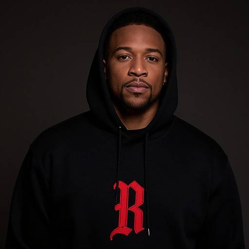 Photograph of a Black man with short hair, beard, wearing a black hoodie with red Gothic 