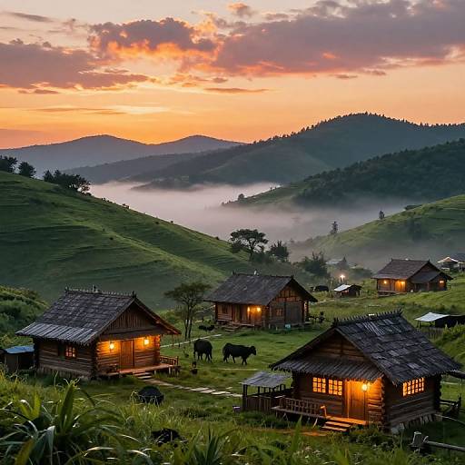 Photograph of a serene rural village at sunset, featuring wooden houses with warm lights, grazing cows, mist-covered hills, and a vibrant orange-pink