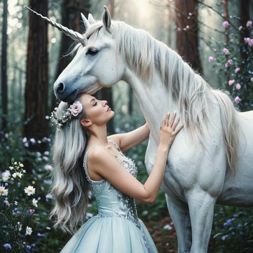 Woman with Unicorn in Enchanted Forest