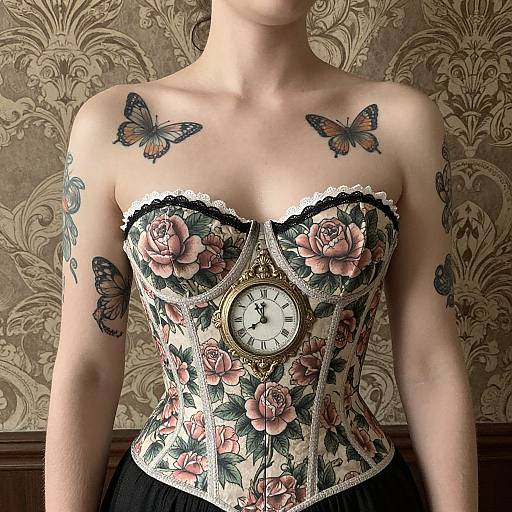 Photograph of a topless woman with light skin, floral corset with clock, orange and black butterfly tattoos on chest and arms, standing against orn