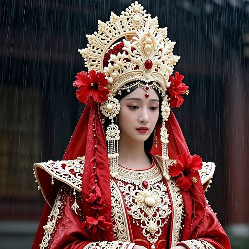 Photograph of an Asian woman in elaborate traditional red and gold royal attire, adorned with intricate jewelry, red flowers, and a golden crown, standing in