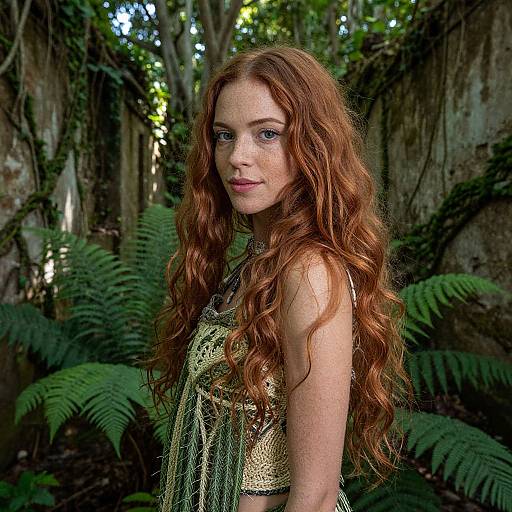 Photograph of a fair-skinned redheaded woman with long wavy hair, wearing a gold and black patterned top, standing in a lush,